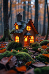 Fototapeta premium Pumpkin House in Autumn Forest with Jack-o'-Lanterns – Halloween Fantasy