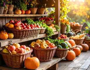 Wooden outdoor market stall overflowing with autumnal fruits and vegetables in woven baskets.
