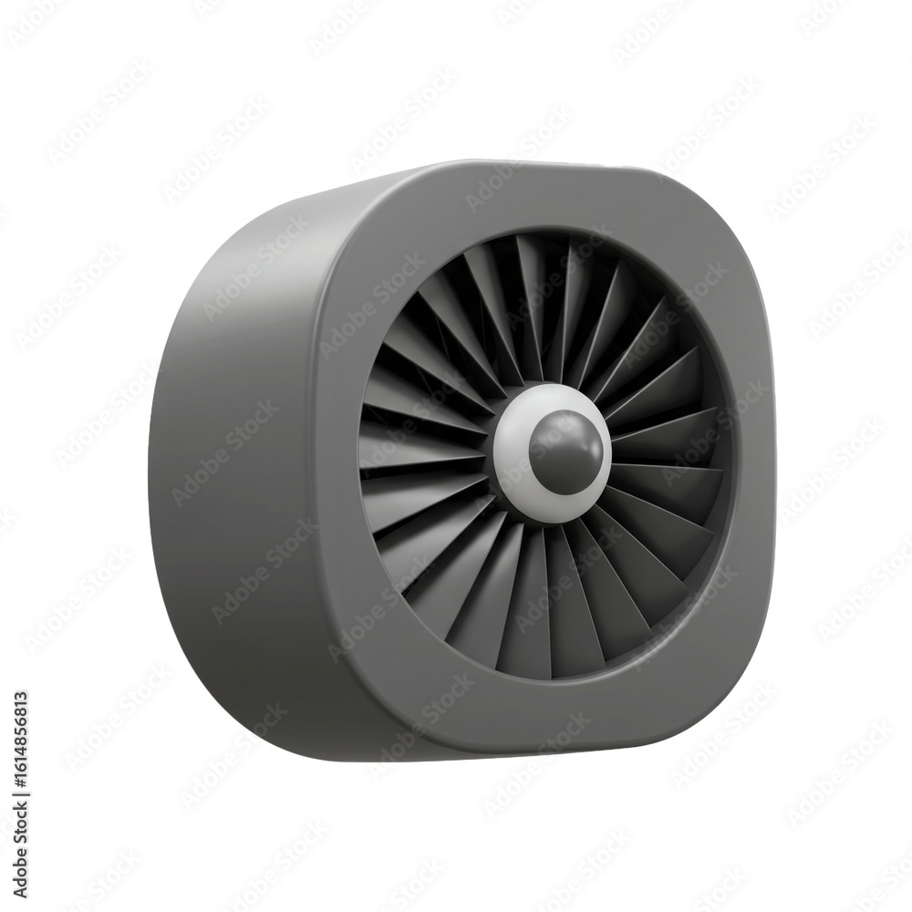 Poster a stylized three-dimensional rendering showcases a jet engine fan with blades and a central hub sugg