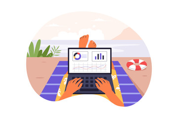 Top View of Digital Nomad Working from Beach with Laptop. Illustrations for websites, landing pages, mobile apps, posters, and banners.