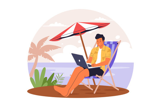 Flat Vector Man Working Remotely at Beach with Laptop and Umbrella. Illustrations for websites, landing pages, mobile apps, posters and banners