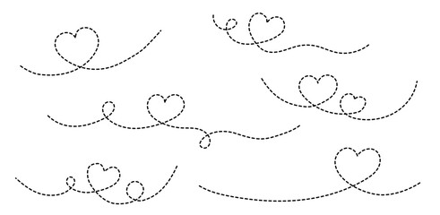 Dotted line heart path. Set of love decorative elements, romantic dashed lines for Valentine's Day, for wedding or anniversary.