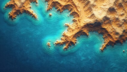 Vibrant topographic map illustration displays ocean depth, coastal terrain. Features detailed contour lines, layers, relief turquoise water meeting sandy landforms. Abstract pattern suggests natural
