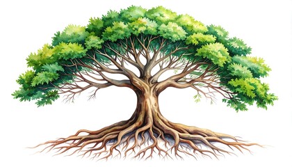 Illustration of a large tree with vibrant green leaves and intricate roots