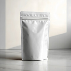 Blank White Stand Up Pouch Packaging on Marble Surface with Soft Light