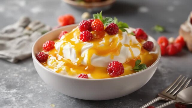 Delightful Norwegian cloudberry dessert topped with fresh berries and creamy sauce
