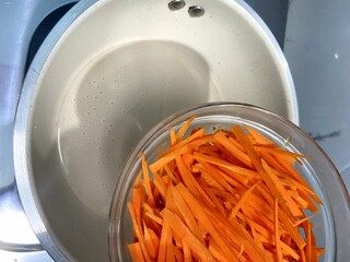 Julienned Carrots in Glass Bowl, Food Photography