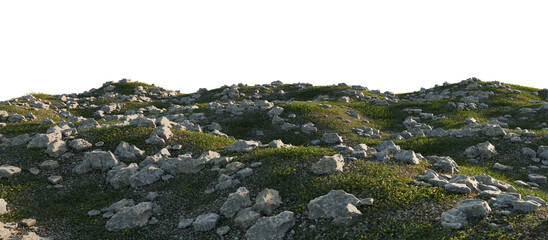 Grassy Hills with Scattered Rocks Under a Clear Sky. 3D rendering.	