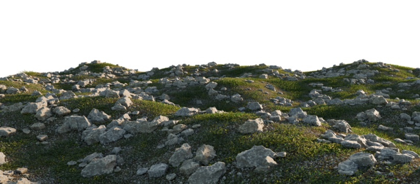 Grassy Hills with Scattered Rocks Under a Clear Sky. 3D rendering.	