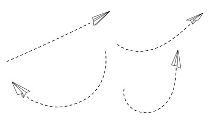 Paper plane flies with a line path for air flight or email travel by vector. Outline of aeroplane or toy jet shown with trail, craft detail, and clear track.