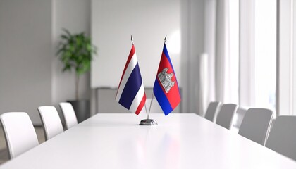 Thailand-Cambodia diplomatic table—flags, formal documents, and bilateral unity symbolism.