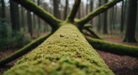 Moss-covered fallen tree trunk in a serene forest, with misty background and tall trees surrounding