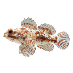 Brown and white uniquely patterned fish with fins spread, isolated on transparent background