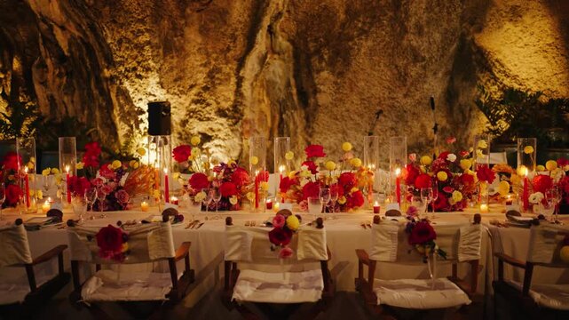Elegant beachside dinner setup with vibrant floral arrangements, candles, and fine tableware under a glowing cave ambiance. Perfect for wedding, luxury event, or romantic celebration themes.