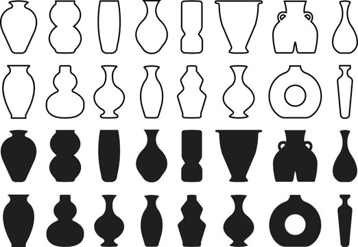 Vase silhouette icon set flat and outline styles, collection of black pottery, ceramic vessel shapes, decorative flower vase vectors illustrations for home decoration, antique art or designs elements.