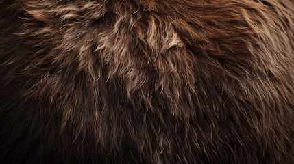 Bison fur on a living animal, thick, rugged dark brown hair with visible coarse strands