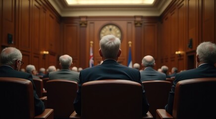 Many people sitting in chairs in a courtroom