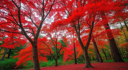Vibrant red maple trees in full autumn foliage, creating a stunning landscape in a serene forest