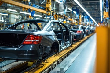 Modern car production line in factory setting