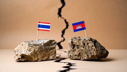 Thailand and Cambodia flags perched on cracked stones, symbolizing fragile peace and territorial strain