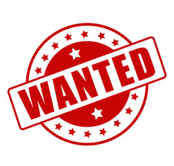 Wanted red rubber stamp with bold criminal alert message and law enforcement label design isolated on white background