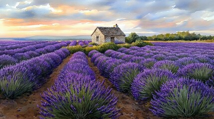 A Beautiful Lavender Field Painting Highlighting Nature's Vibrant Colors at Sunset with Rows of Purple Blooms