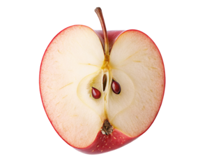 Half cut red apple showing seeds and core isolated on black background with bright red skin