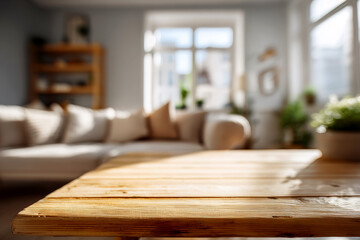 A light wooden table in the foreground with a blurred background of a modern living room featuring brown leather sofas, armchairs, and minimalist decor.