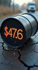 Oil barrel labeled $476 tilted on cracked asphalt