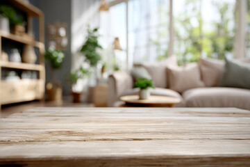 A light wooden table in the foreground with a blurred background of a modern living room featuring brown leather sofas, armchairs, and minimalist decor.