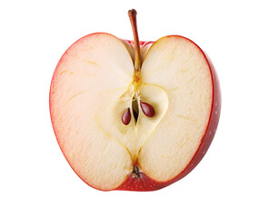 A fresh ripe apple cut in half showing seeds and texture on black background isolated image