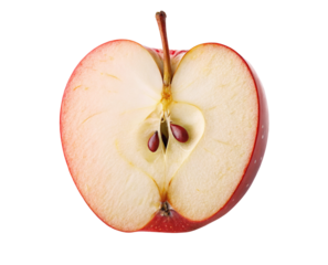 A fresh ripe apple cut in half showing seeds and texture on black background isolated image
