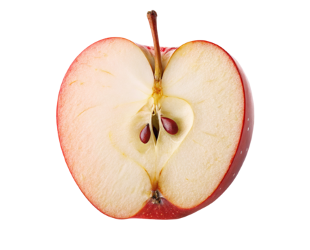 A fresh ripe apple cut in half showing seeds and texture on black background isolated image