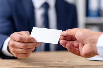 two professional hands exchanging a blank white business card .
