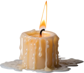 Single lit candle with golden wax dripping onto a flat surface against a dark and shadowy backdrop