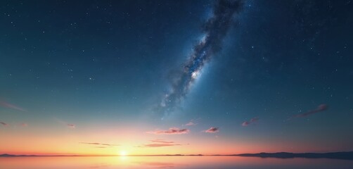 Vast expanse of starry night sky featuring Milky Way galaxy. Below, serene horizon meets tranquil body of water reflecting celestial display. Soft hues of blue, orange, pink blend across twilight sky.