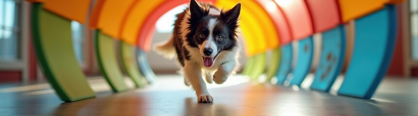 Dog running through a tunnel of colorful arches