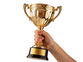 Hand holding a shiny gold trophy cup symbolizing victory and achievement against black backdrop