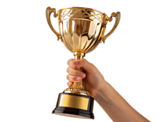 Hand holding a shiny gold trophy cup symbolizing victory and achievement against black backdrop