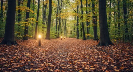 Serene autumn forest path illuminated by lanterns, surrounded by vibrant foliage and peaceful ambiance