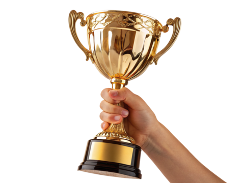 Hand holding a shiny gold trophy cup symbolizing victory and achievement against black backdrop - Powered by Adobe
