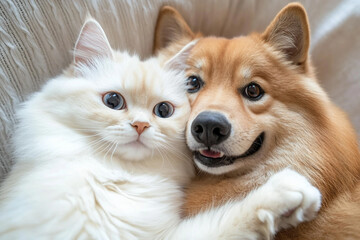 Generative AI image of a funny cat and dog taking a selfie together outdoors