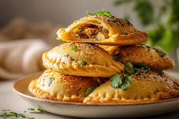 Tasty golden piroshki pastries with savory meat, cheese, and herbs. Delicious Food background.