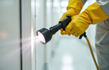 Pest control expert in yellow gloves uses flashlight and spray device to eliminate insects. Pro exterminator inspecting and treating home interior for pests like termites and cockroaches.