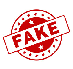 Fake red rubber stamp with bold distressed warning text and fraudulent label design isolated on white background
