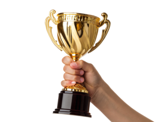 Hand holding a shiny gold trophy with black base against a plain background celebrating success