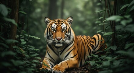 Majestic tiger resting in lush green jungle, surrounded by dense foliage and soft light filtering through trees