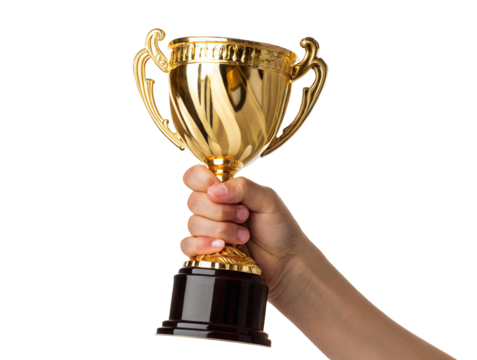 Hand holding a shiny gold trophy with black base against a plain background celebrating success