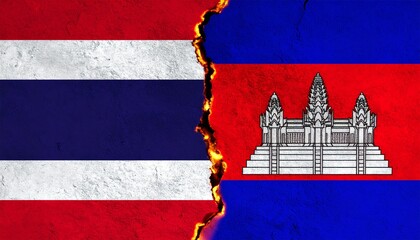 Thailand and Cambodia flags split by fiery tension, symbolizing national discord.