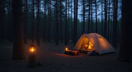 Serene camping scene at dusk in a pine forest, featuring a glowing tent and lanterns, evoking tranquility